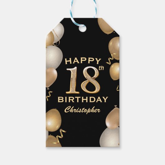 18e verjaardag Zwarte en gouden ballonnen Cadeaulabel (Voorkant)