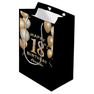 18e verjaardag Zwarte en gouden ballonnen Medium Cadeauzakje