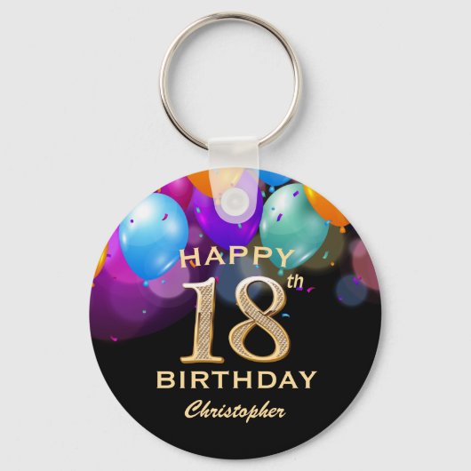 18e verjaardag Zwarte en gouden ballonnen Sleutelhanger (Voorkant)