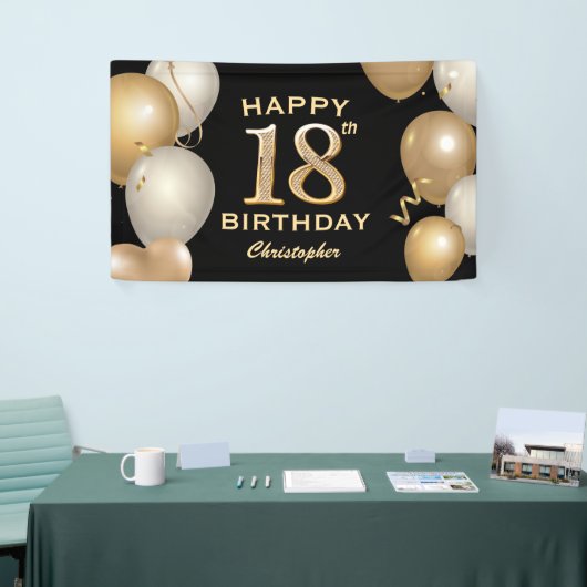 18e verjaardag Zwarte en gouden ballonnen Spandoek (Beurs)