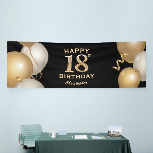 18e verjaardag Zwarte en gouden ballonnen Spandoek (Beurs)