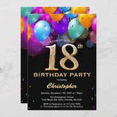 18e verjaardag zwarte en goudkleurige ballonnen kaart (Voorkant / Achterkant)