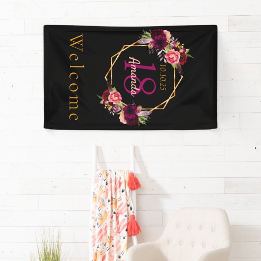18e verjaardag zwarte floraal goud geometrische bu spandoek (Insitu)