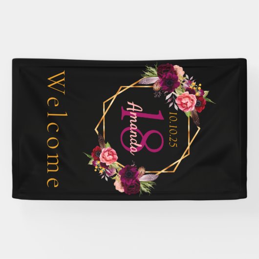 18e verjaardag zwarte floraal goud geometrische bu spandoek (Horizontaal)