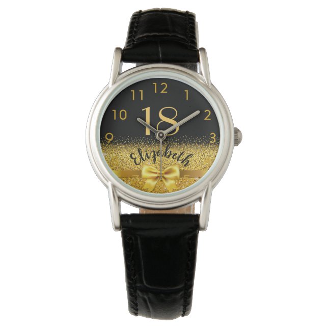 18e verjaardag zwarte gouden elegante boegnaam horloge (Voorkant)
