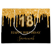 18e verjaardag zwarte gouden glitter druppelt naam groot cadeauzakje (Voorkant)