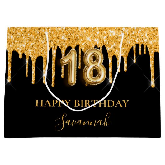 18e verjaardag zwarte gouden glitter druppelt naam groot cadeauzakje (Voorkant)