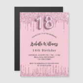 18e verjaardag zwarte roze glitter druppelt luxe magnetische uitnodiging (Voorkant / Achterkant)