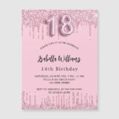 18e verjaardag zwarte roze glitter druppelt luxe magnetische uitnodiging (Voorkant)