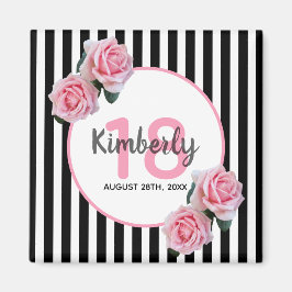 18e verjaardag zwarte strepen roze floralen magneet