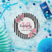 18e verjaardag zwarte strepen roze floralen papieren bordje (Feest)