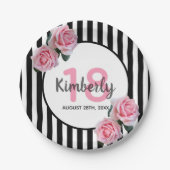 18e verjaardag zwarte strepen roze floralen papieren bordje (Voorkant)