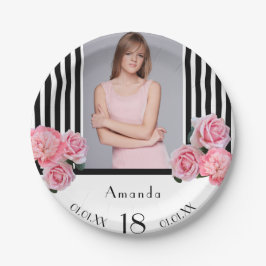18e verjaardag zwarte witte strepen florals foto papieren bordje