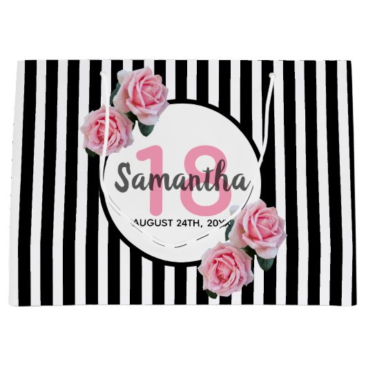 18e verjaardag zwarte witte strepen roze roze roze groot cadeauzakje (Voorkant)