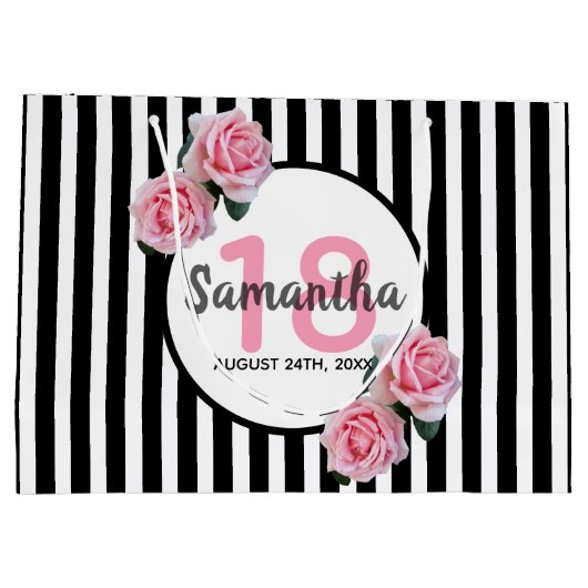 18e verjaardag zwarte witte strepen roze roze roze groot cadeauzakje (Achterkant)