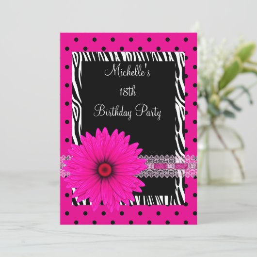 18e verjaardag zwarte witte Zebra roze vlekventila Kaart (Staand voorkant)