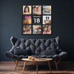 18e verjaardag zwarte zilveren aangepaste fotocoll imitatie canvas print<br><div class="desc">Een unieke gave voor de achttiende verjaardag van een meisje, die haar leven viert met een collage van acht van je eigen foto's, afbeeldingen. Pas haar naam en een datum aan en voeg deze toe. Een zwarte achtergrond. De naam wordt geschreven met een modern handgeschreven stijlmanuscript, nummer 18 met een...</div>