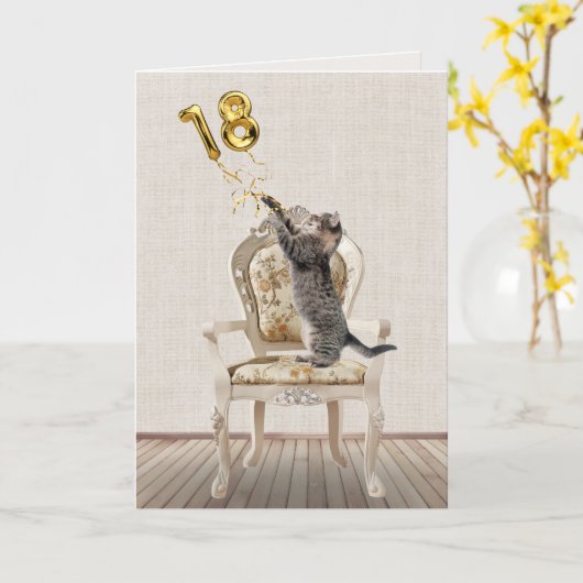 18e verjaardagsballonnen en tabbykat kaart (Gele Bloem)