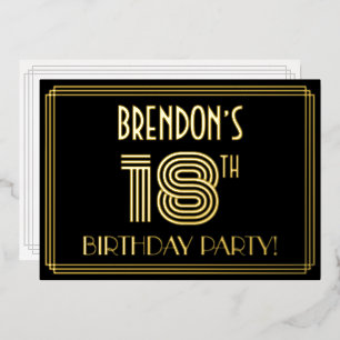 18e Verjaardagsfeest — Art Deco Stijl “18” + Naam Folie Uitnodiging