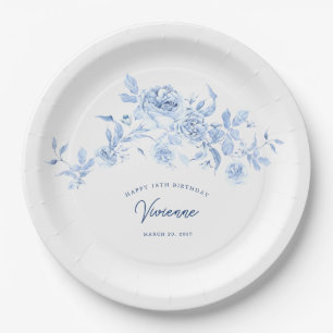 18e Verjaardagsfeest Blauw Roos Bloemen Custom Papieren Bordje