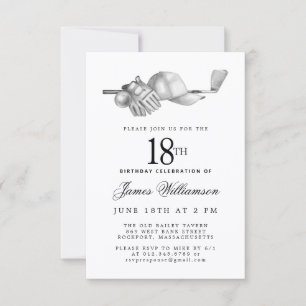 18e Verjaardagsfeest Elegant Zwart Wit Golf Kaart