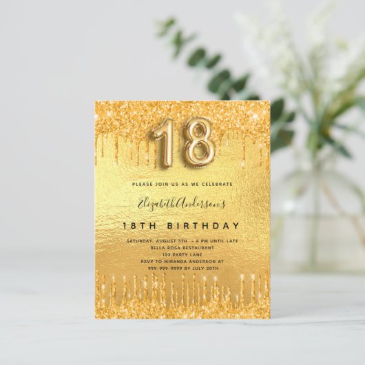 18e verjaardagsfeest gouden glitter uitnodiging (Staand voorkant)