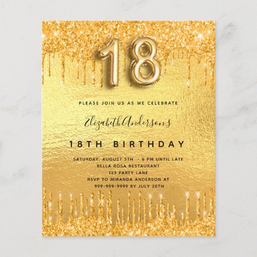 18e verjaardagsfeest gouden glitter uitnodiging (Voorkant)