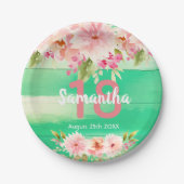 18e verjaardagsfeest groene houtbloemen papieren bordje (Voorkant)