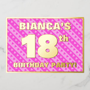 18e Verjaardagsfeest — Leuke Roze Harten en Strepe Folie Uitnodiging