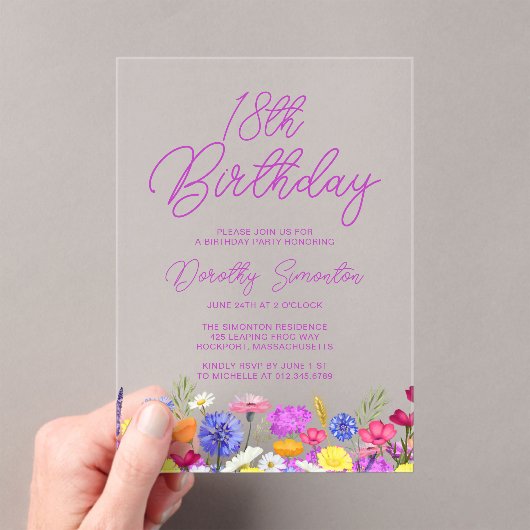 18e verjaardagsfeest Paarse Boho Wildflower Acryl Uitnodigingen (Insitu (Draagbaar))