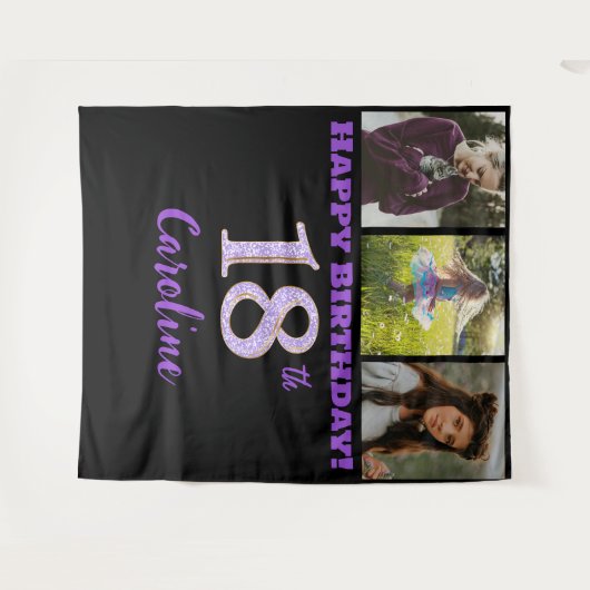 18e verjaardagsfeest, Paarse glitter en 3 foto's Wandkleed (Voorkant (horizontaal))
