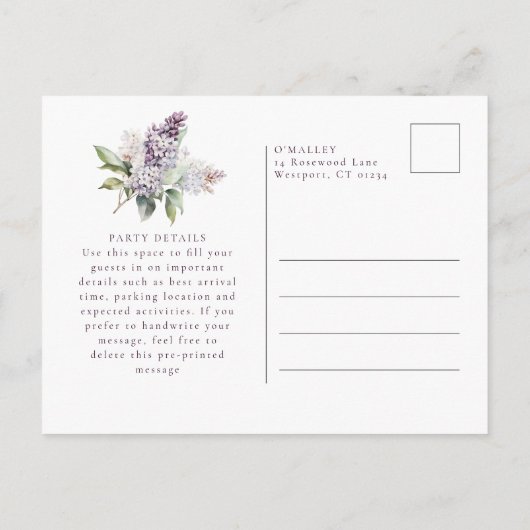 18e Verjaardagsfeest Paarse Lente Lila Bloem Uitnodiging Briefkaart (Achterkant)