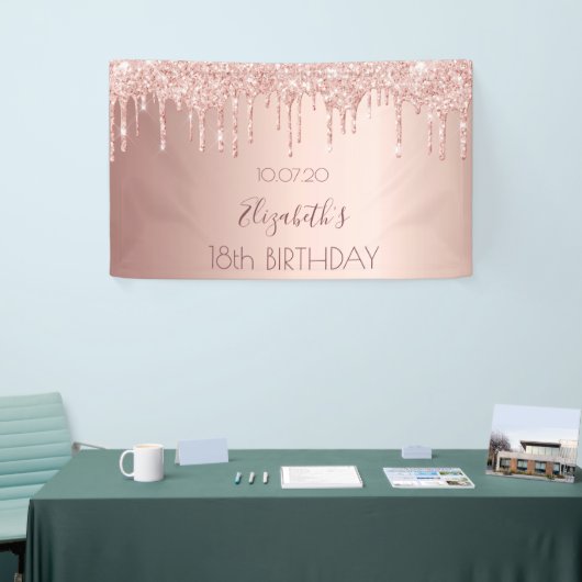 18e verjaardagsfeest roos gouden roze druppels spandoek (Beurs)