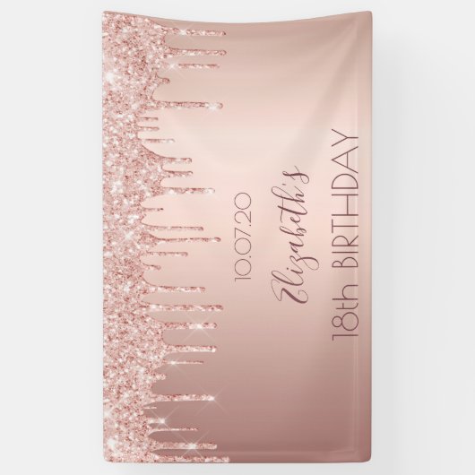 18e verjaardagsfeest roos gouden roze druppels spandoek (Verticaal)