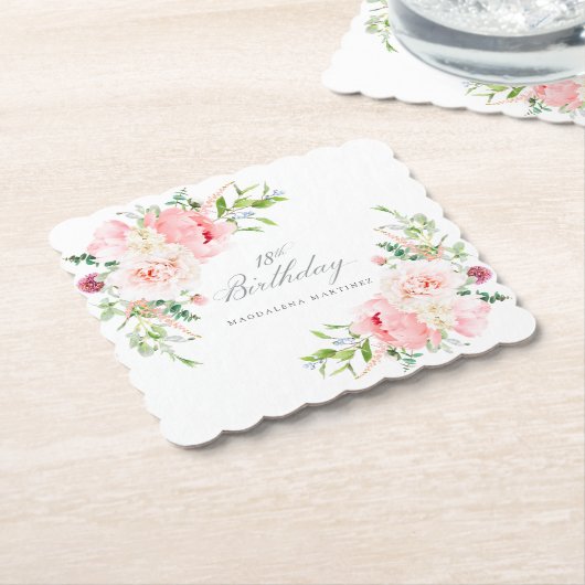18e Verjaardagsfeest Roze Bloemen Custom Kartonnen Onderzetters (Gebogen)
