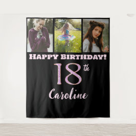 18e verjaardagsfeest, Roze glitter & 3 foto's Wandkleed