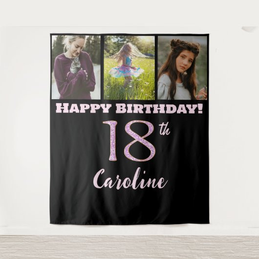 18e verjaardagsfeest, Roze Glitters & 3 foto's Wandkleed (Voorkant)