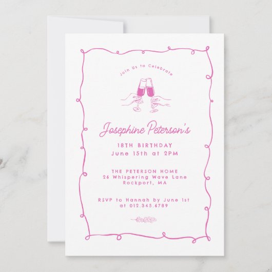 18e verjaardagsfeest roze grillige doedel kaart (Voorkant)