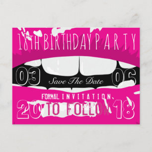 18e verjaardagsfeest Save the Date Hot Pink Lips Aankondigingskaart