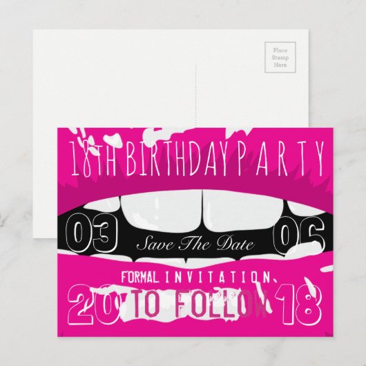 18e verjaardagsfeest Save the Date Hot Pink Lips Aankondigingskaart (Voorkant / Achterkant)