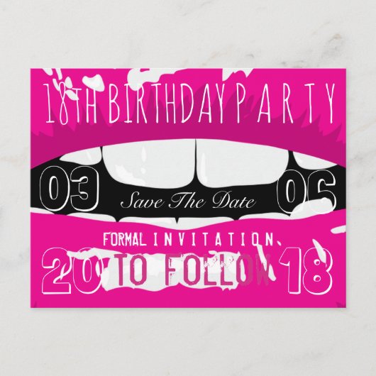 18e verjaardagsfeest Save the Date Hot Pink Lips Aankondigingskaart (Voorkant)