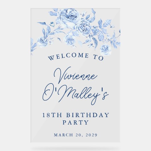 18e Verjaardagsfeest Welkom Blauw Roos Bloemen Acryl Bord (Voorkant)