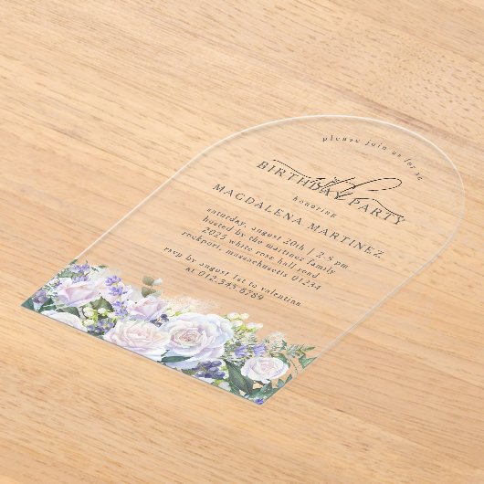 18e Verjaardagsfeest Witte Blauwe Bloemenboog Acryl Uitnodigingen (Laagn)