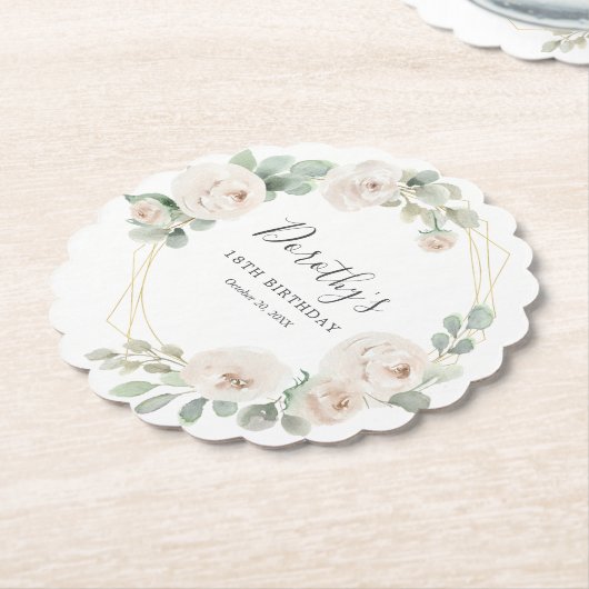 18e Verjaardagsfeest Witte Roos Bloemen Custom Kartonnen Onderzetters (Gekanteld)