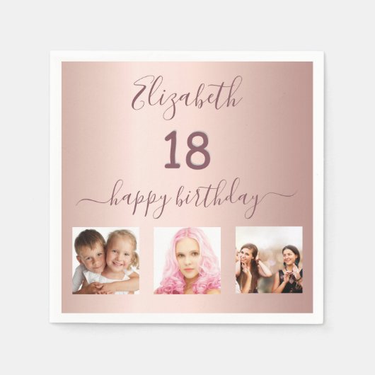 18e verjaardagsfeestje aangepaste foto roos gouden servet (Voorkant)