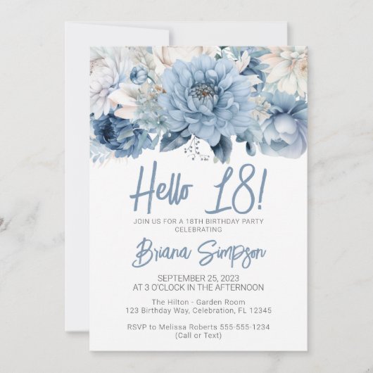 18e verjaardagsfeestje Dusty Blue Floral Kaart (Voorkant)