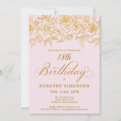 18e verjaardagsfeestje Goud Roos Bloesem Roze Kaart (Voorkant)