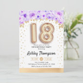 18e verjaardagsfeestje - gouden ballonnen Paarse Kaart (Staand voorkant)