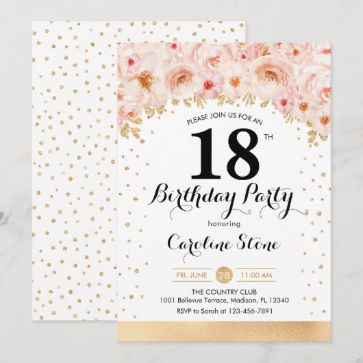 18e verjaardagsfeestje - gouden bloemen kaart (Voorkant / Achterkant)
