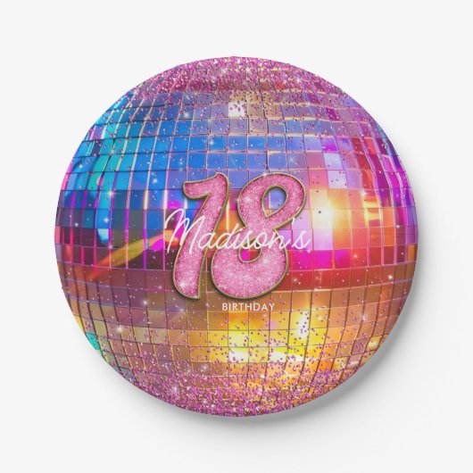 18e verjaardagsfeestje Gouden Roze Glitter Disco B Papieren Bordje (Voorkant)